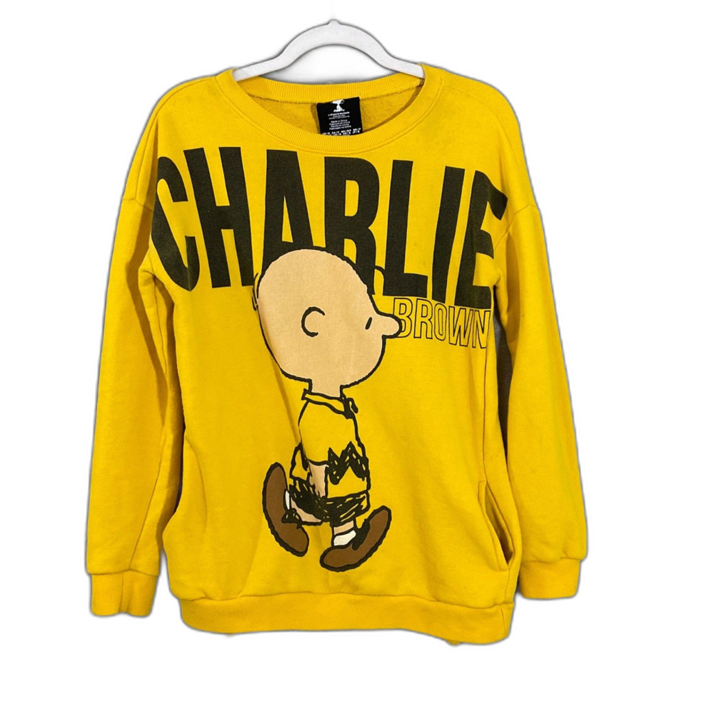Peanuts Charlie Brown Sweatshirt Yellow Retro Pullover Size Small pockets  *
